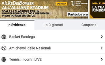 L'aspetto della home page scommesse della app di Betfair, con gli eventi in evidenza e quelli su cui si scommette di più