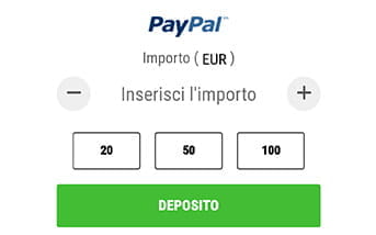 La procedura per effettuare un deposito sulla app di bwin tramite PayPal, scegliendo tra tre importi preselezionati