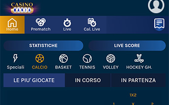 L'aspetto della home page scommesse della app di CasinoMania, con gli eventi sportivi disponibili divisi a seconda del giorno di svolgimento