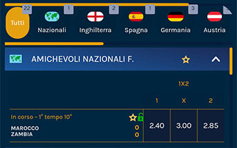 La schermata delle scommesse live nella app di CasinoMania, con le informazioni sul punteggio in tempo reale