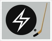 Il simbolo di una saetta dentro un cerchio nero e una mazza da hockey.