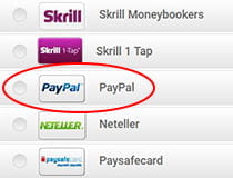La selezione del metodo di deposito sul conto scommesse con PayPal
