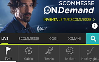 L'aspetto della home page scommesse della app di Sisal Matchpoint, con le diverse discipline sportive disponibili e le scommesse ordinate cronologicamente
