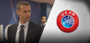 Il presidente dell’UEFA Aleksander Ceferin e il logo dell’UEFA