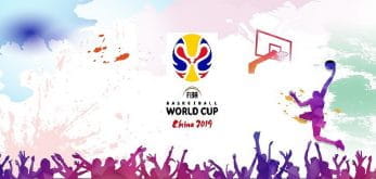 Il logo dei mondiali di basket Cina 2019, la sagoma di un giocatore di basket colorata e del pubblico che esulta