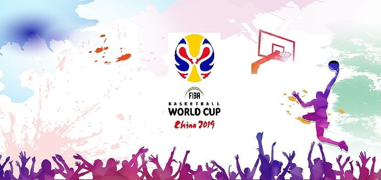 Il logo dei mondiali di basket Cina 2019, la sagoma di un giocatore di basket colorata e del pubblico che esulta