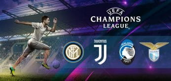 Il logo della Champions League, gli stemmi di Juventus, Inter, Atalanta e Lazio, un calciatore generico in azione