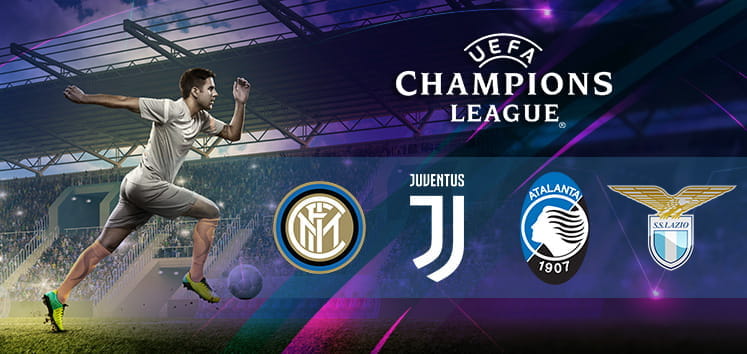 Il logo della Champions League, gli stemmi di Juventus, Inter, Atalanta e Lazio, un calciatore generico in azione