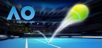 Il logo dell‘Australian Open 2021 e una pallina da tennis che rimbalza sul campo