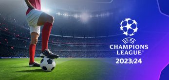 Il logo della Champions League 2023/24 e un calciatore