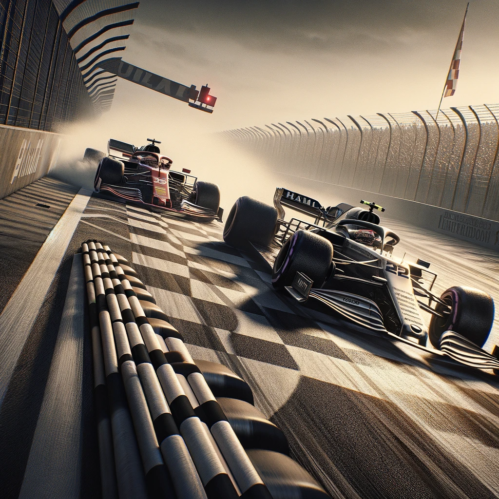 Due auto  in una scena di Testa a Testa emozionante, una accanto all'altra in una curva del circuito, con un'intensa competizione di sorpasso, riflettendo lo spirito delle scommesse in Formula 1